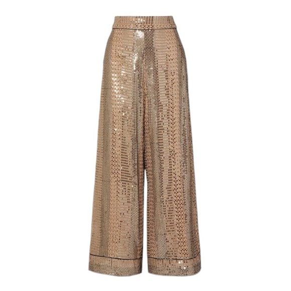 US6 Temperley London Platinum Silk Satin-trimmed Sequins Chiffon Wide-leg Pants - Picture 2 of 8
